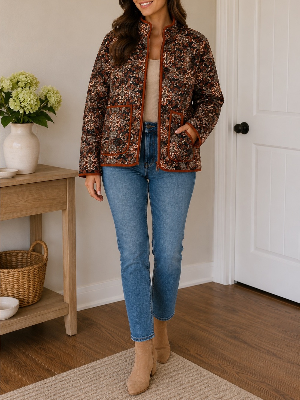 Wonderly Rust-Trim Quilted Paisley Jacket